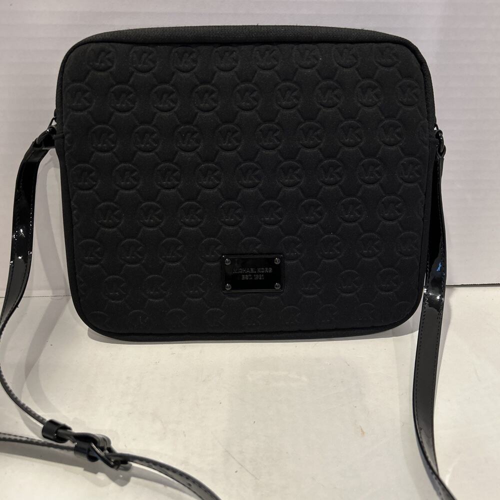 Michael Kors Black Embossed Soft Neoprene I-Pad Tablet Crossbody Bag